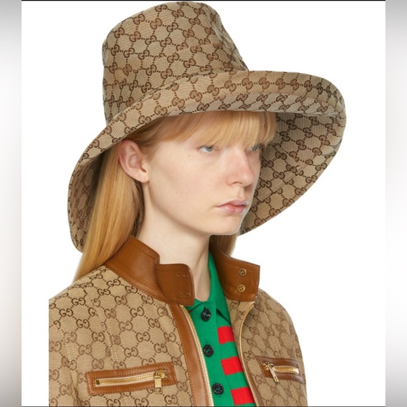 Gucci GG Beige Canvas Denim Wide Large Brim Monogram Jacquard Beach Bucket Hat - Picture 6 of 13